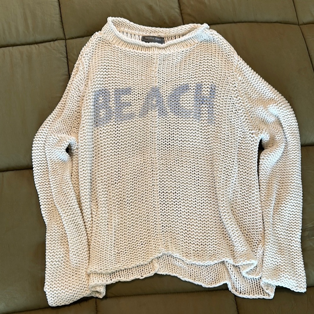 Anthropologie Cream and Blue Crew Neck Sweater